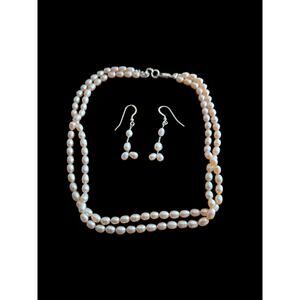Faux silver and pink stacked pearl necklace and earring set